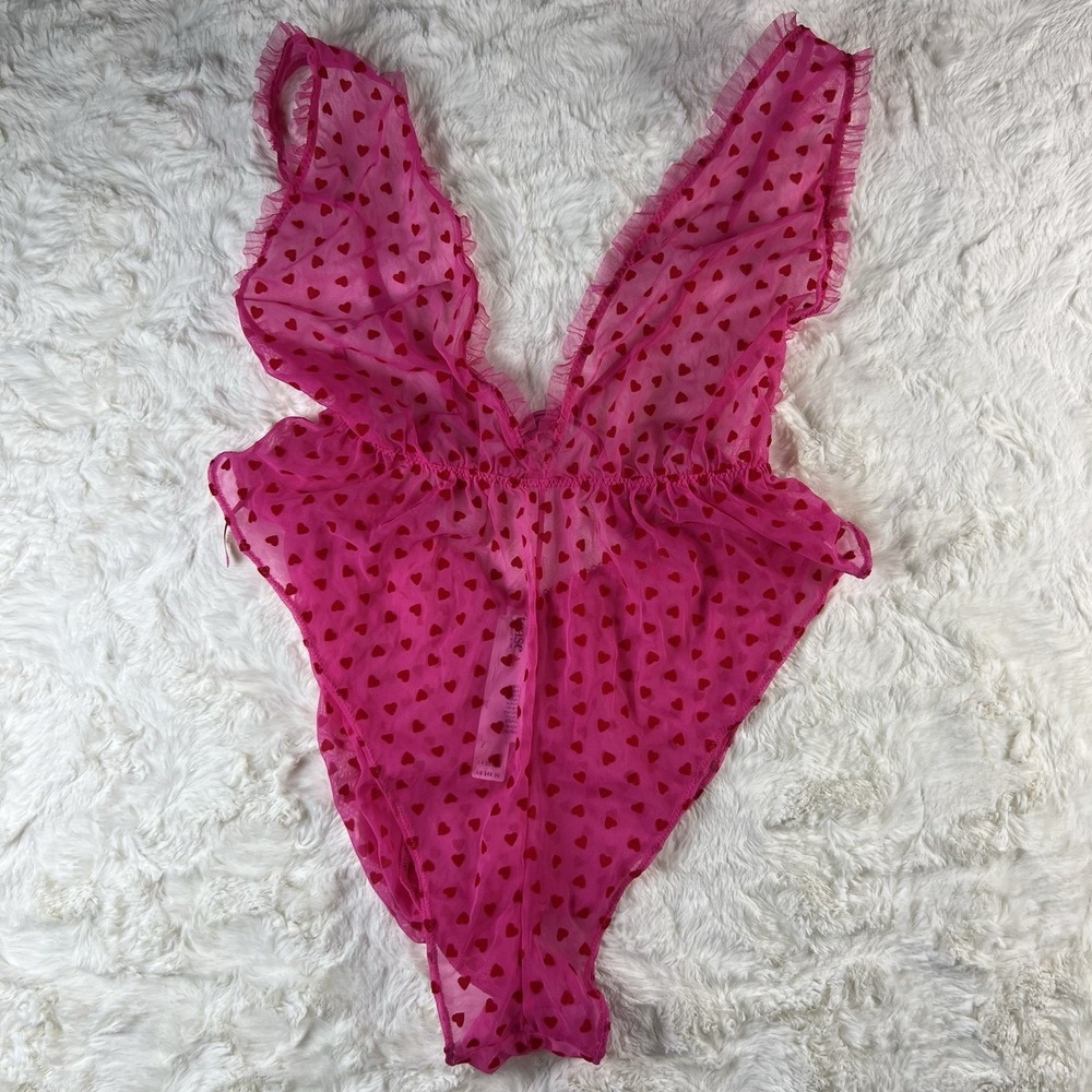 Victoria's Secret Tease Pink Heart Mesh Teddy Romper Lingerie Size S Valentine